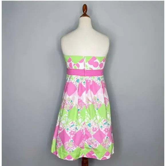 Lilly Pulitzer Strapless Mini Dress Womens Sz 2 Pink Green Island Diamond - Picture 3 of 14